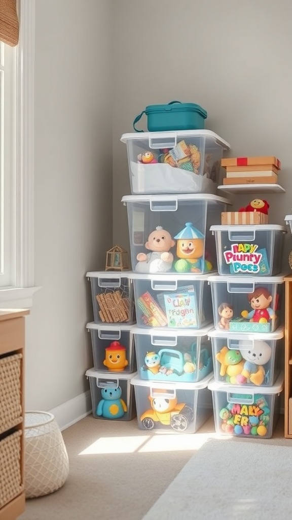 A stack of clear storage bins filled with colorful toys in a bright room.