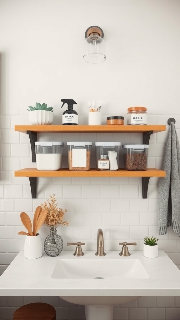 A small bathroom featuring a stylish wooden shelf with clear storage containers and decorative plants.