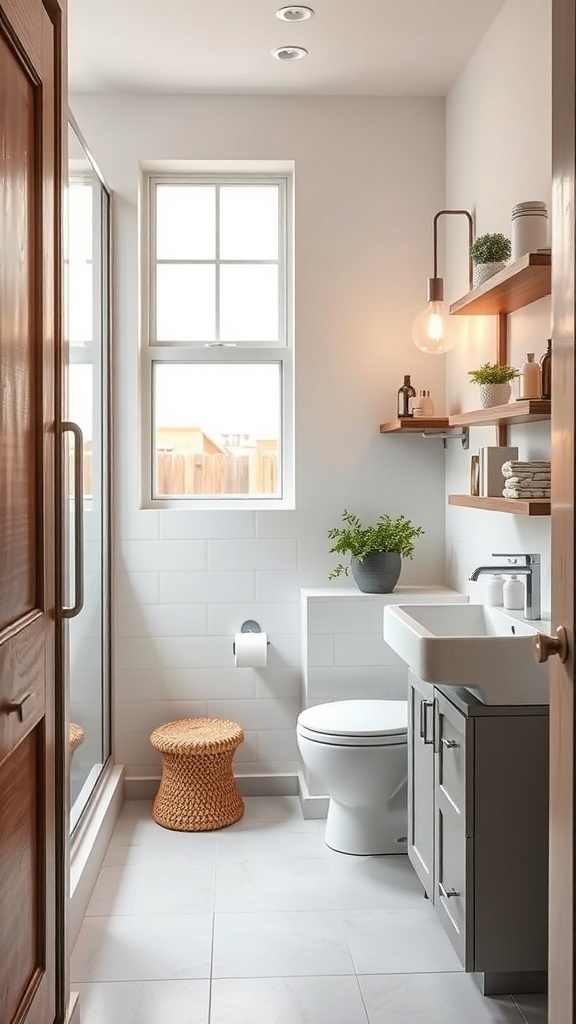 A modern tiny ensuite bathroom featuring floating shelves, a compact vanity, and a woven stool.