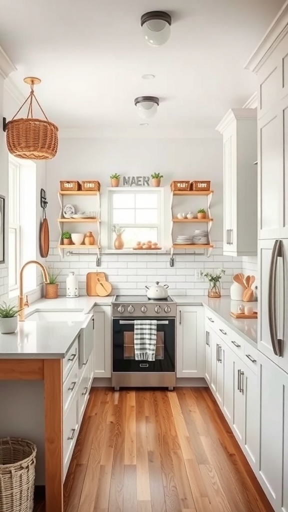 A bright and organized tiny farmhouse kitchen featuring open shelving, modern appliances, and clever storage solutions.