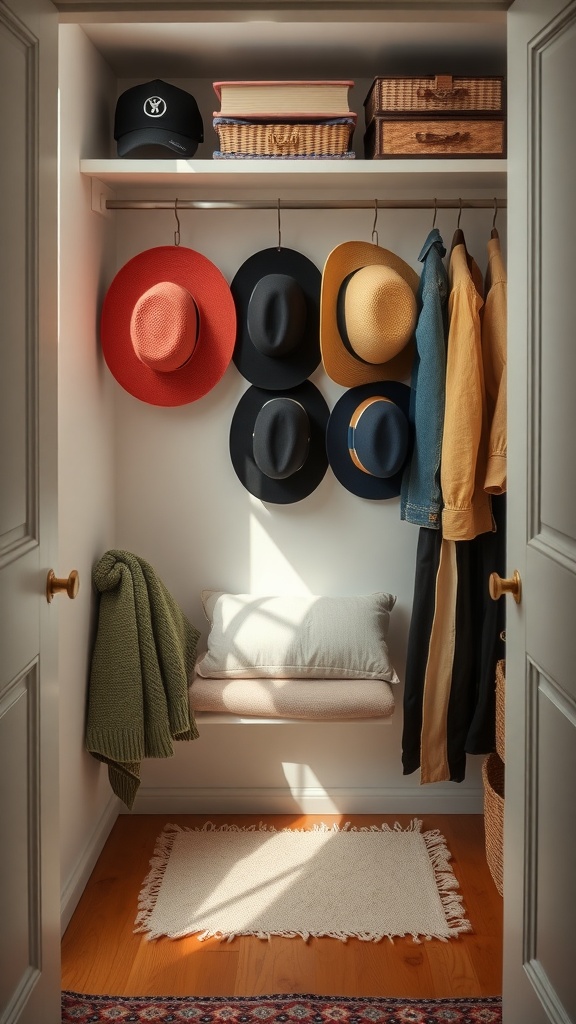 A closet with various hats hanging on hooks, showcasing an organized space with decorative boxes and books.