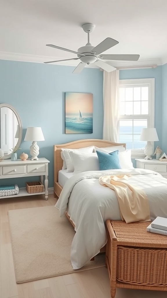A serene bedroom with soft blue walls, white bedding, and coastal decor.