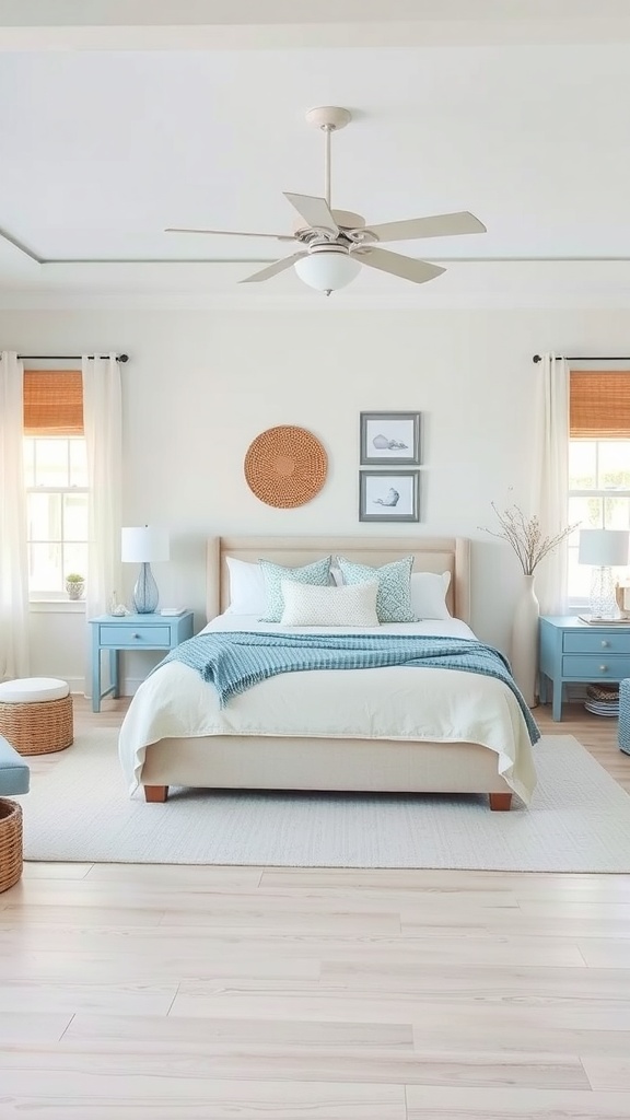A bright coastal-themed bedroom with light blue accents and natural decor.