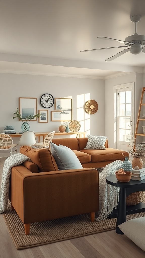 Cozy living room featuring a brown sofa, coastal decor, and natural light.