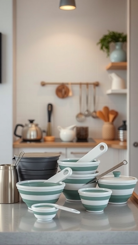 Stylish collapsible kitchenware in a tiny kitchen setting