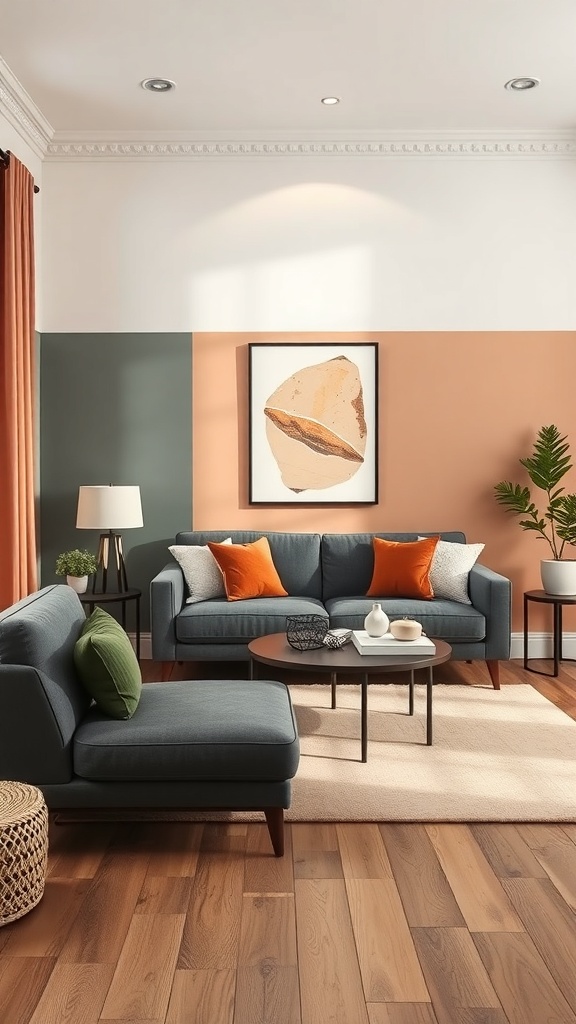 A stylish living room with color-blocked walls in white, green, and terracotta, featuring dark blue sofas and vibrant orange cushions.