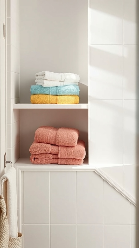 Neatly stacked towels in various colors on bathroom shelves.