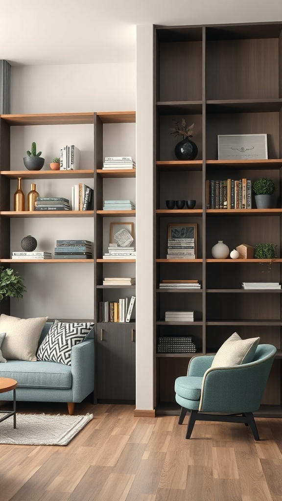 Stylish living room with modern shelf partitions showcasing various books and decorative items.