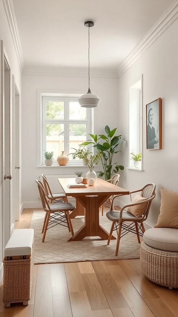A tiny dining room featuring a wooden table, chairs, plants, and neutral color palette.
