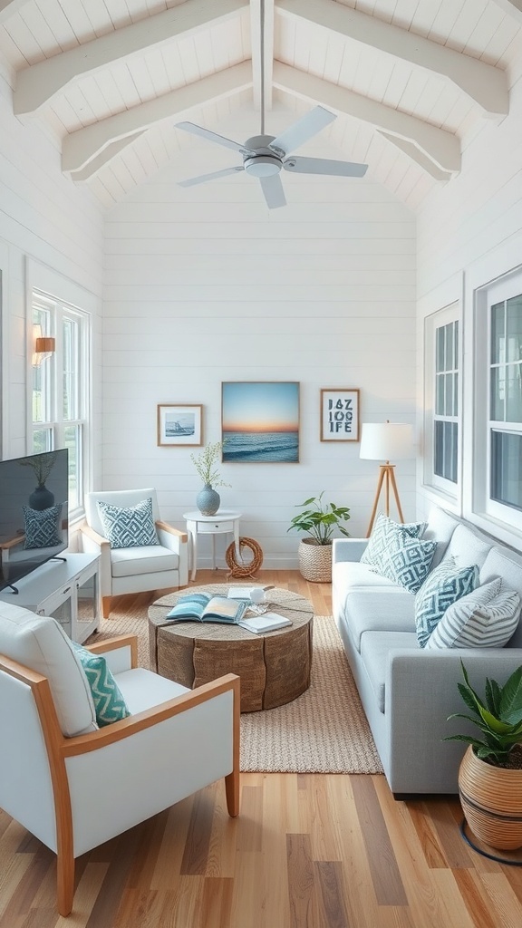 Interior of a tiny beach house with white walls, wooden accents, and ocean-inspired decor.