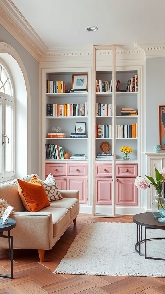 A cozy living room with a bookshelf partition featuring pastel pink drawers, light blue walls, and a sofa with colorful cushions.