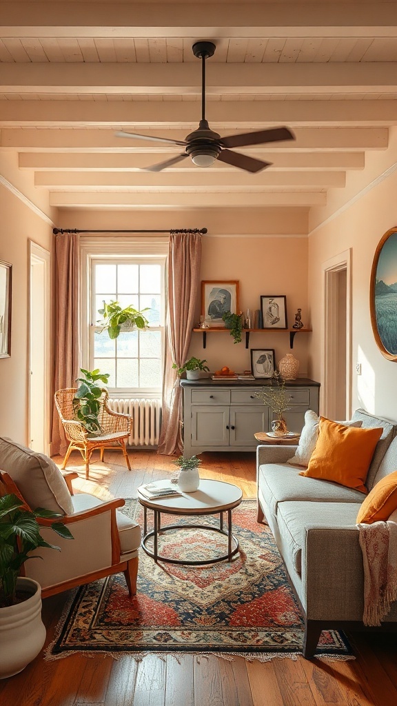 Cozy tiny cottage interior with pastel walls, a mix of furniture, and greenery.