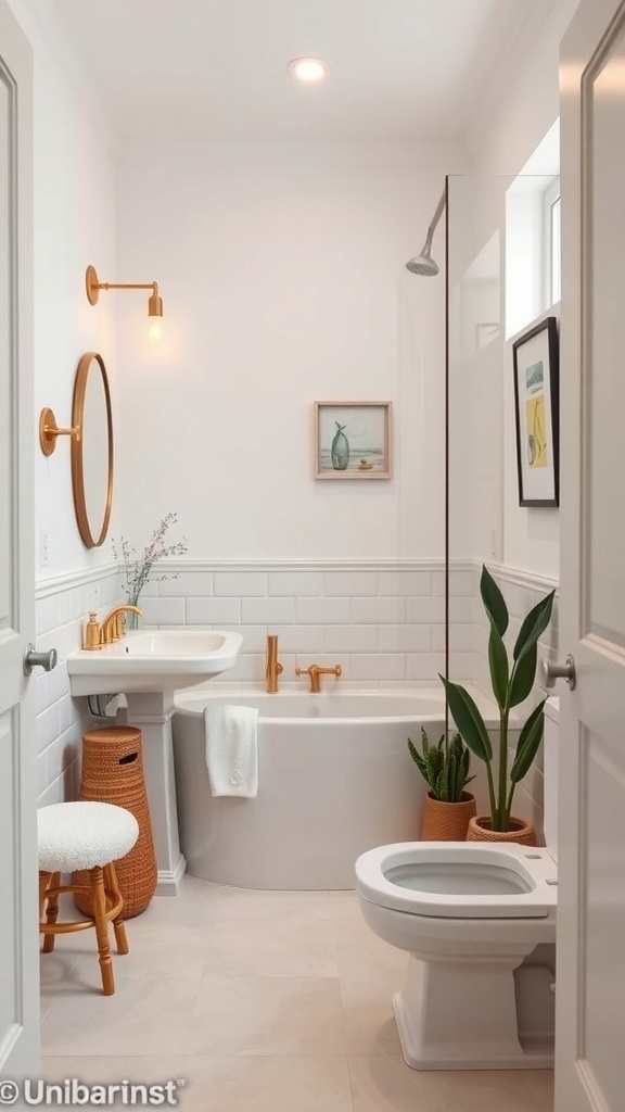 A beautifully designed tiny house bathroom with white walls, copper fixtures, and a touch of greenery.