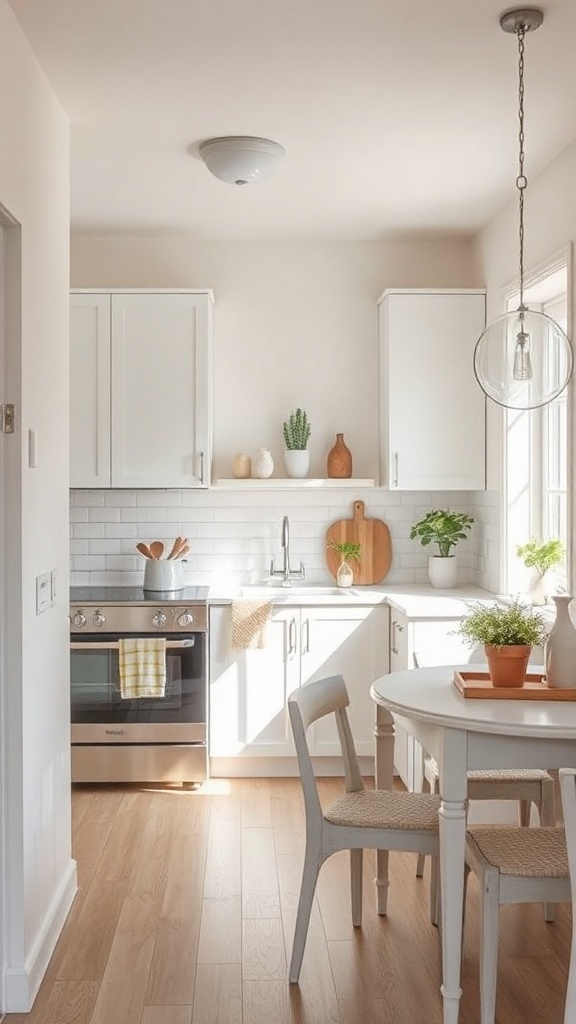A small kitchen with white cabinets, a light wood floor, and minimal decor.