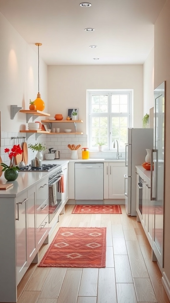 A narrow kitchen with light colors, orange accents, and wooden floors
