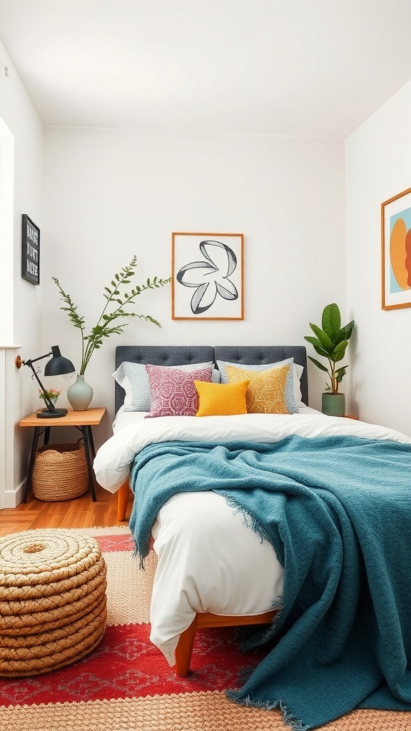 A cozy tiny bedroom featuring colorful accent pieces including vibrant pillows and a teal blanket.