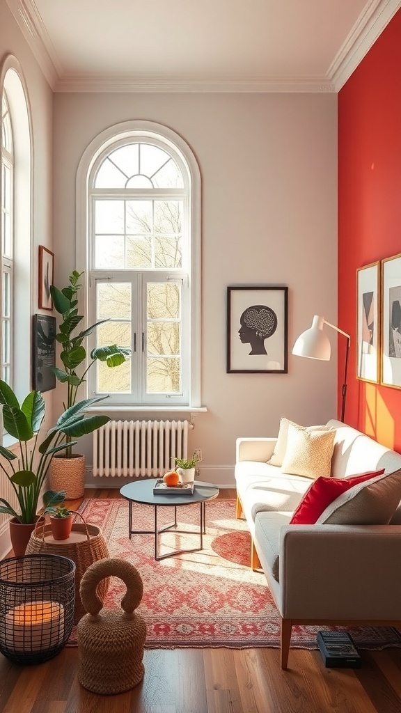 A cozy tiny living room featuring a bold red accent wall, light-colored furniture, and decorative plants.