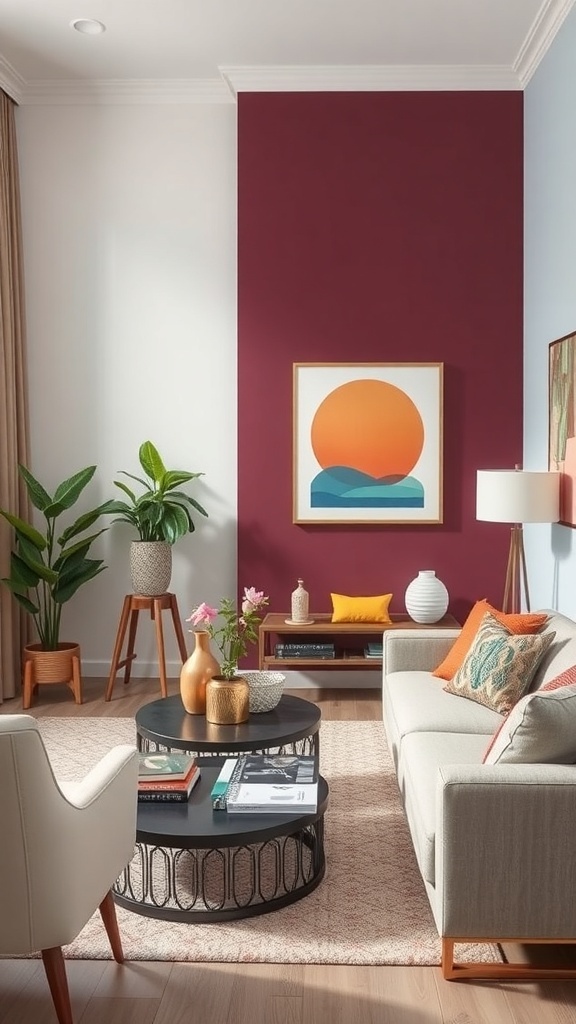 Cozy tiny living room with a maroon accent wall, vibrant decor, and green plants.
