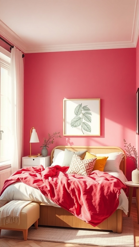 A cozy bedroom with a bright pink accent wall, a bed adorned with colorful cushions, and natural light filtering through curtains.
