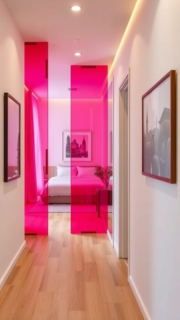 A hallway featuring colorful pink acrylic panels that partition the space.