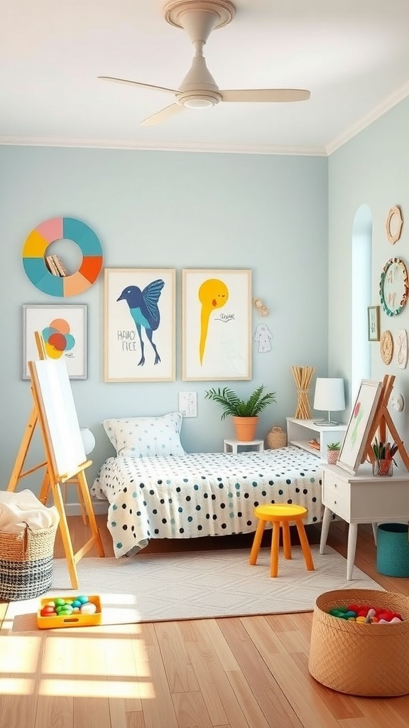 A colorful children's art studio with light blue walls, framed artwork, a cozy bed, and art supplies.