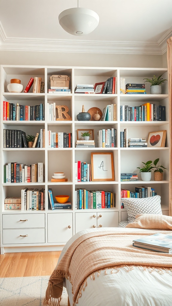 A colorful bookshelf filled with books and decorative items in a cozy room.