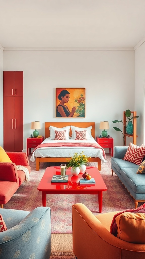 A colorful living room featuring a red coffee table surrounded by orange and blue sofas, with decorative items on the table.