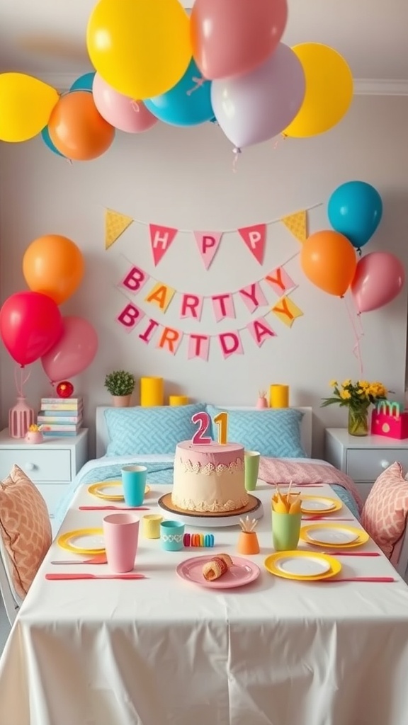 A vibrant birthday table setting with colorful decorations, plates, and a cake.