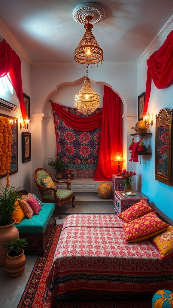 A colorful mandir setup in a small space featuring vibrant textiles, decorative lighting, and plants.