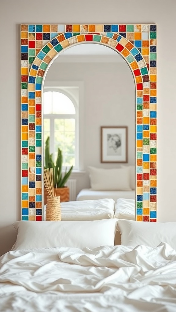 A colorful mosaic tile frame surrounding a mirror in a bright room