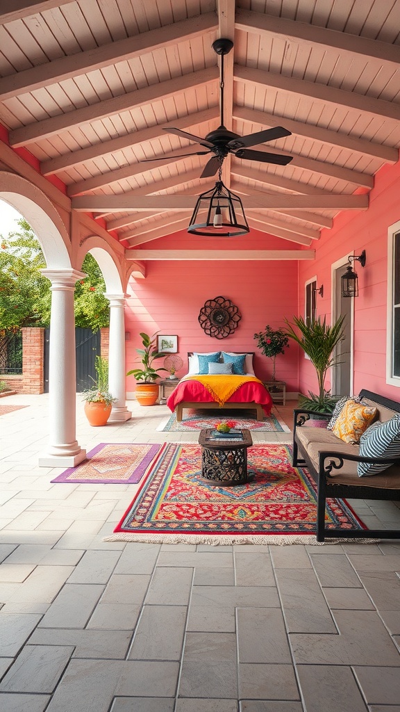 A covered outdoor patio featuring colorful rugs and cushions, creating a vibrant and inviting space.