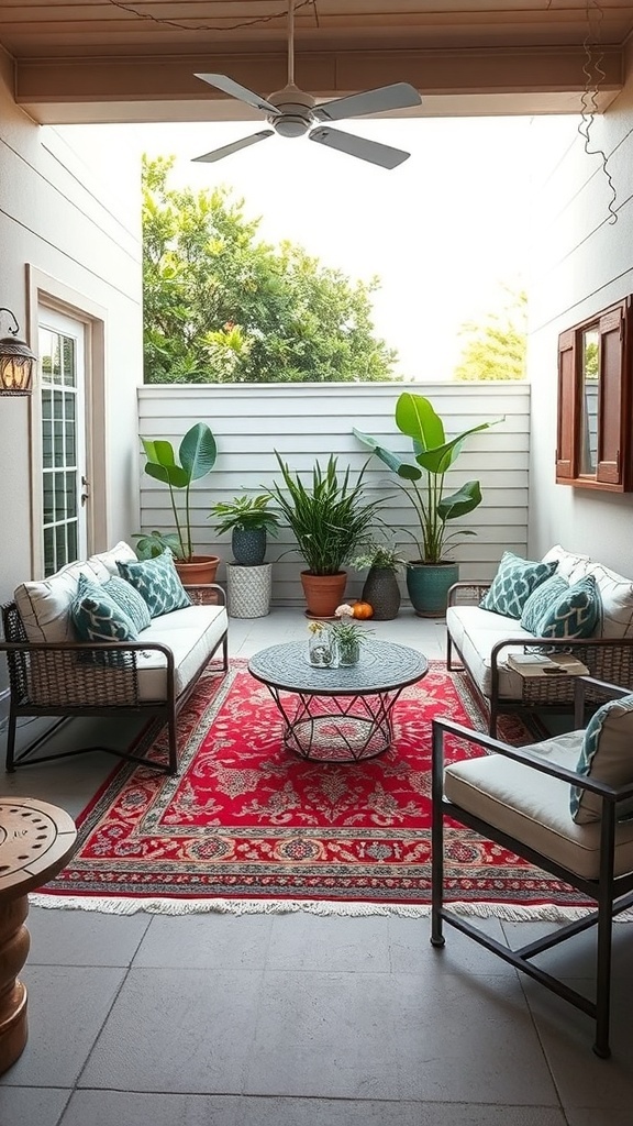 Cozy patio area with colorful rug, seating, and plants