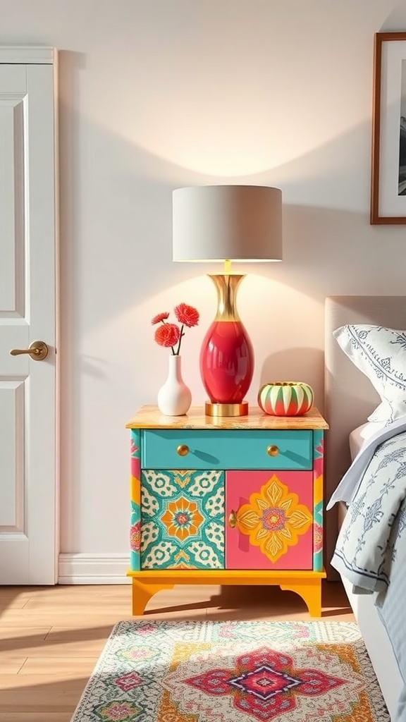 Colorful painted nightstand with lamp and decorative items