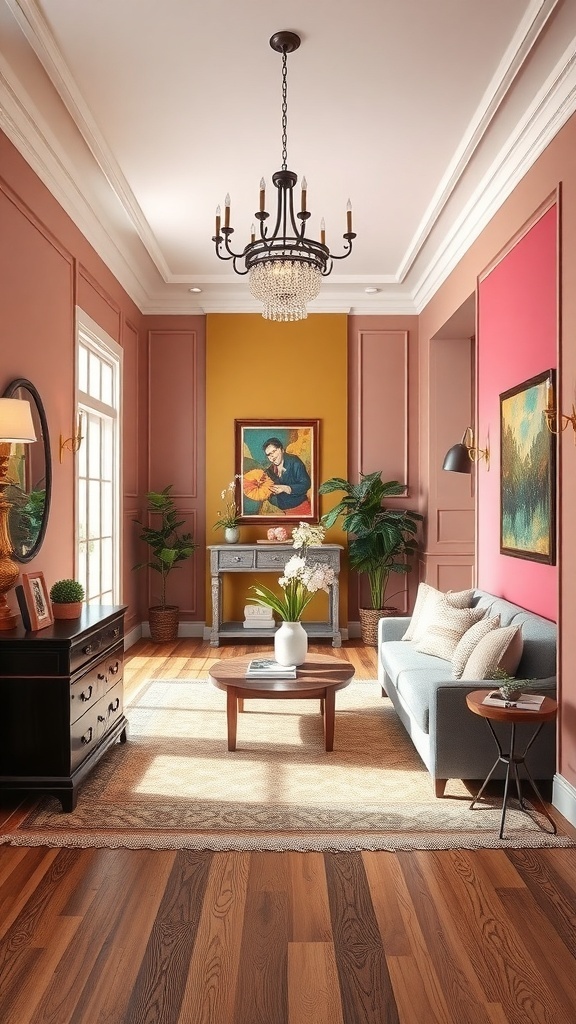 A bright foyer featuring colorful painted panels in shades of pink and yellow, accentuated by charming decor.