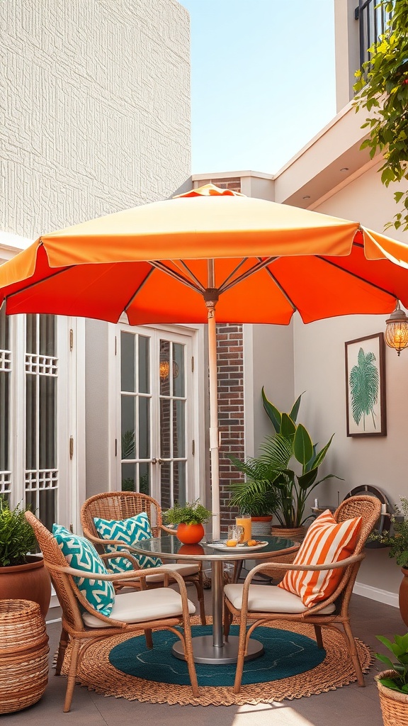 A colorful orange patio umbrella over a small table and chairs in a cozy backyard setting.