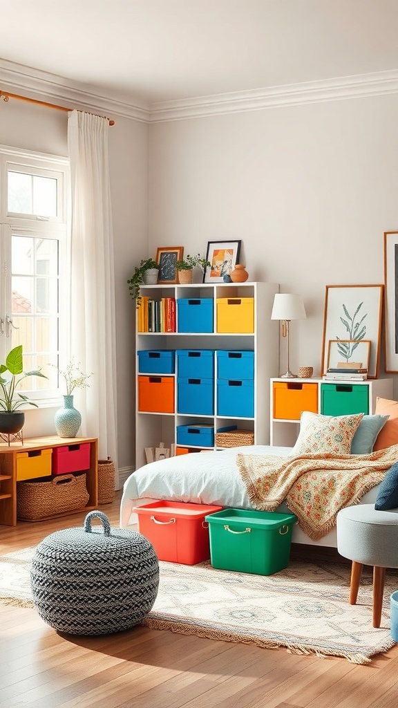 A colorful living room with vibrant storage boxes and a cozy atmosphere.