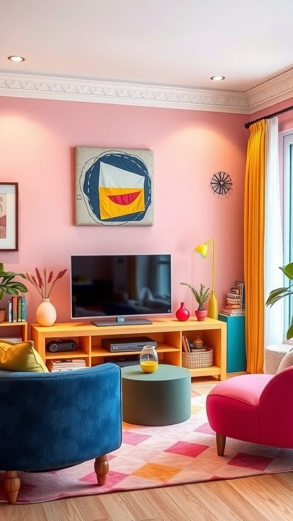 A vibrant living room featuring a colorful TV unit in orange, blue and pink chairs, and pink walls.