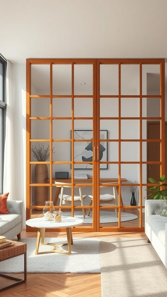 A modern wood and glass partition in a stylish interior, separating two areas while allowing light to flow through.