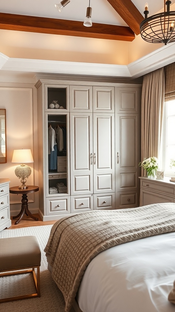 A cozy bedroom featuring a fitted wardrobe, bedside table, and soft textiles.