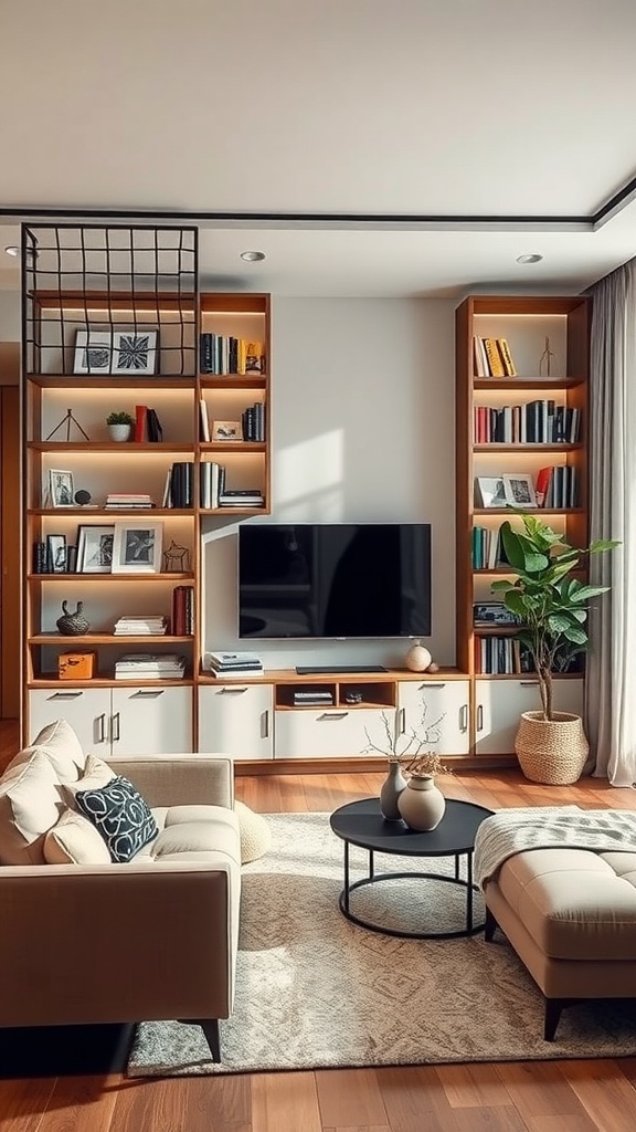 A modern living room featuring a stylish decorative partition that also serves as a bookshelf, creating a functional and aesthetic space.