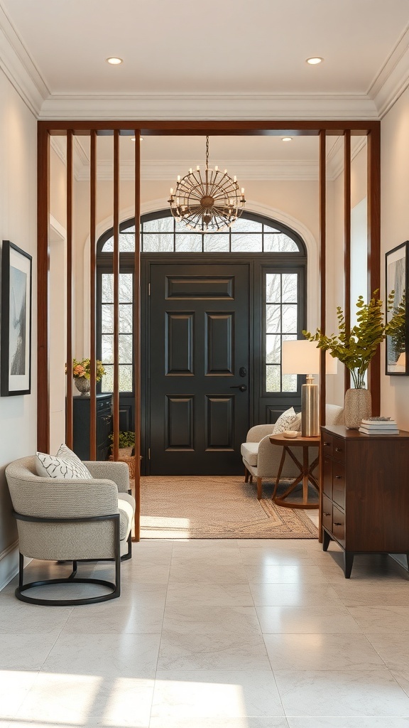 A stylish entryway with wooden partition, elegant lighting, and warm furnishings.