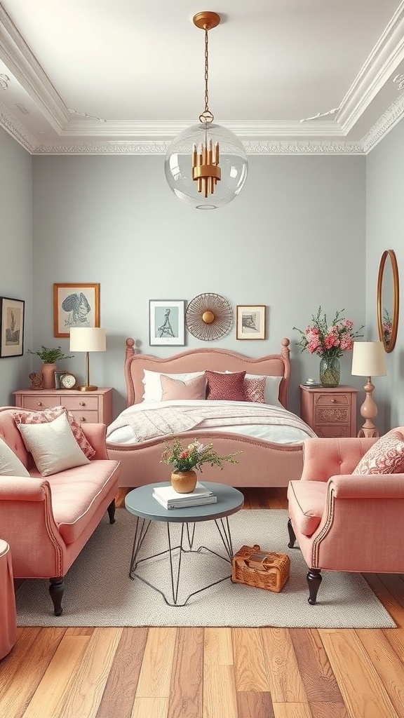 A cozy pink room featuring vintage and modern decor elements.