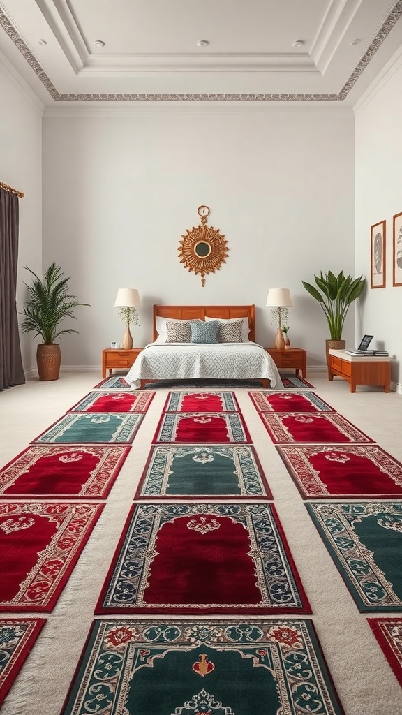 A spacious prayer room featuring comfortable prayer mats in red and green with intricate designs.