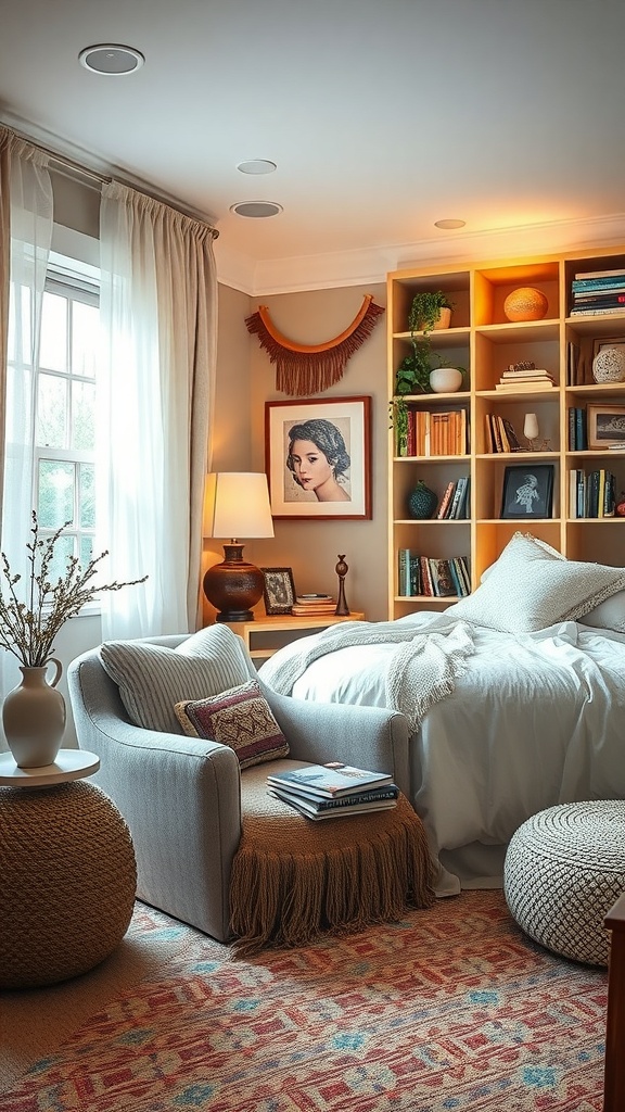 A cozy boho bedroom featuring a comfortable reading nook with a plush chair, books, and warm lighting.