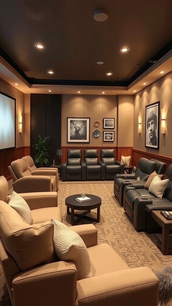 A cozy home theater with comfortable seating and warm lighting.