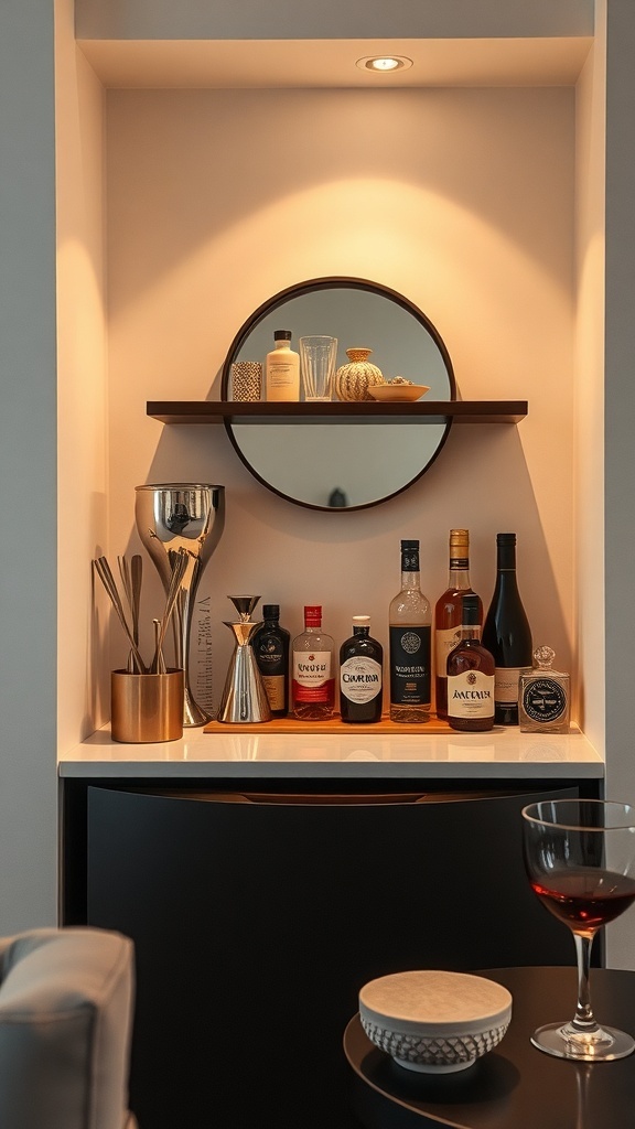 An elegant compact cocktail station featuring bottles of spirits on a shelf, a mirror, and stylish glassware.