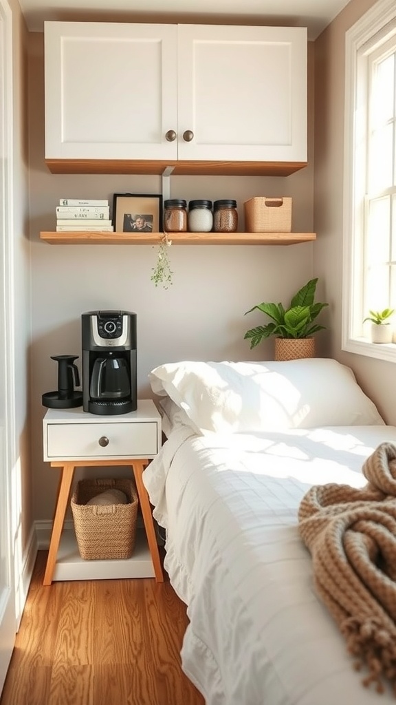 A compact coffee nook featuring a coffee maker, shelves with jars, and a cozy bed.