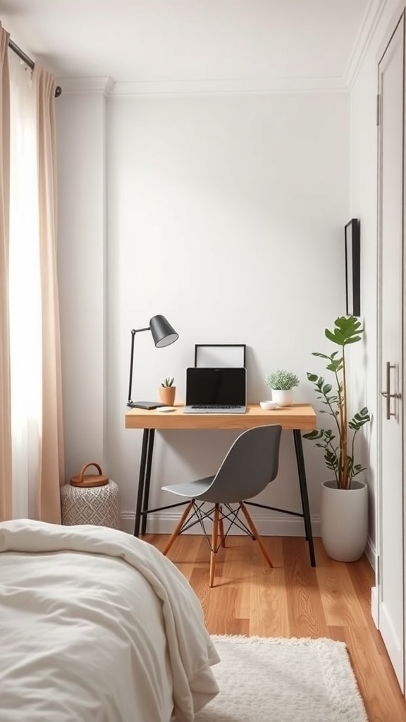 A compact desk setup in a small bedroom corner, featuring a chair, lamp, and plants.