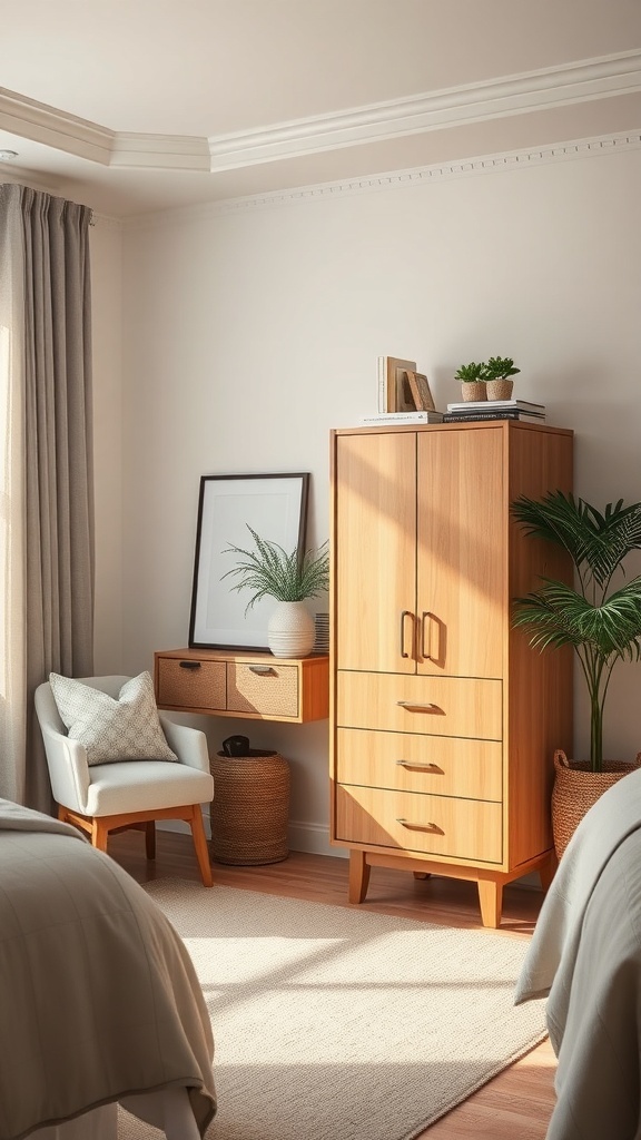 A stylish vertical dresser in a bedroom, complemented by a cozy chair and plants.