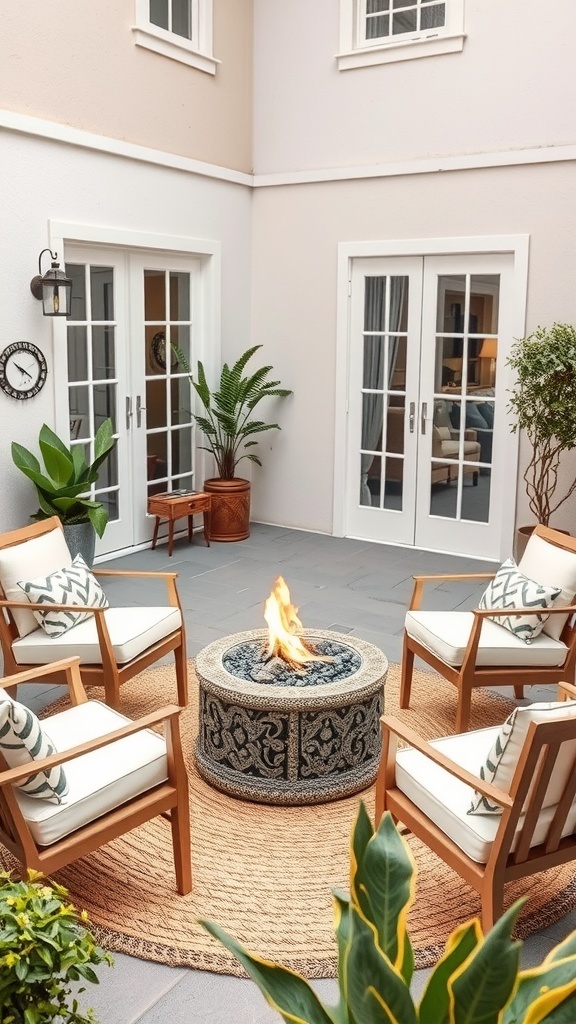A cozy compact patio with a fire pit surrounded by chairs and plants.